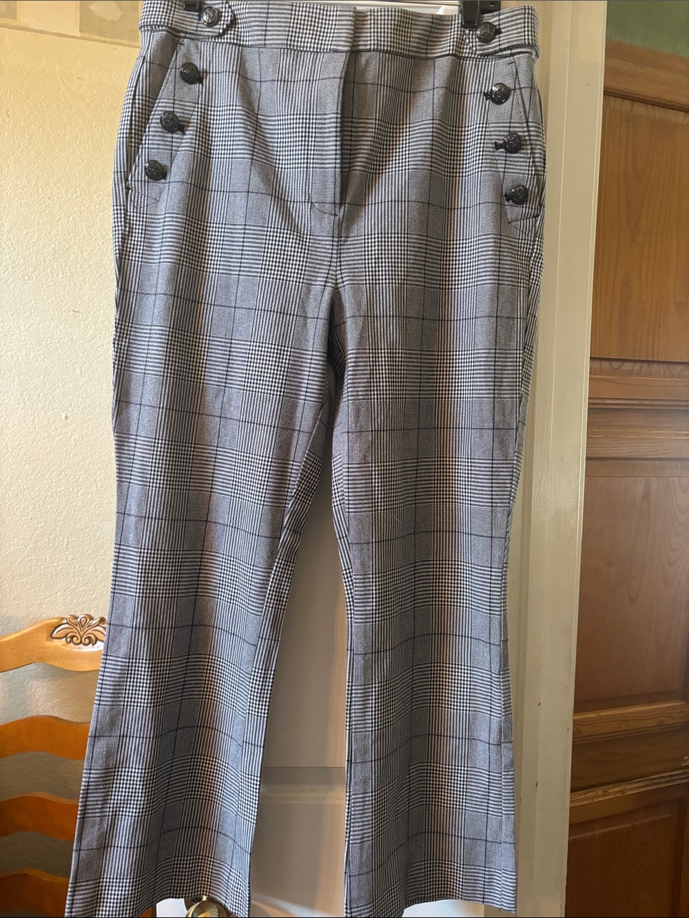 LOFT Gray and Black Plaid High-Rise Wide-Leg Trousers